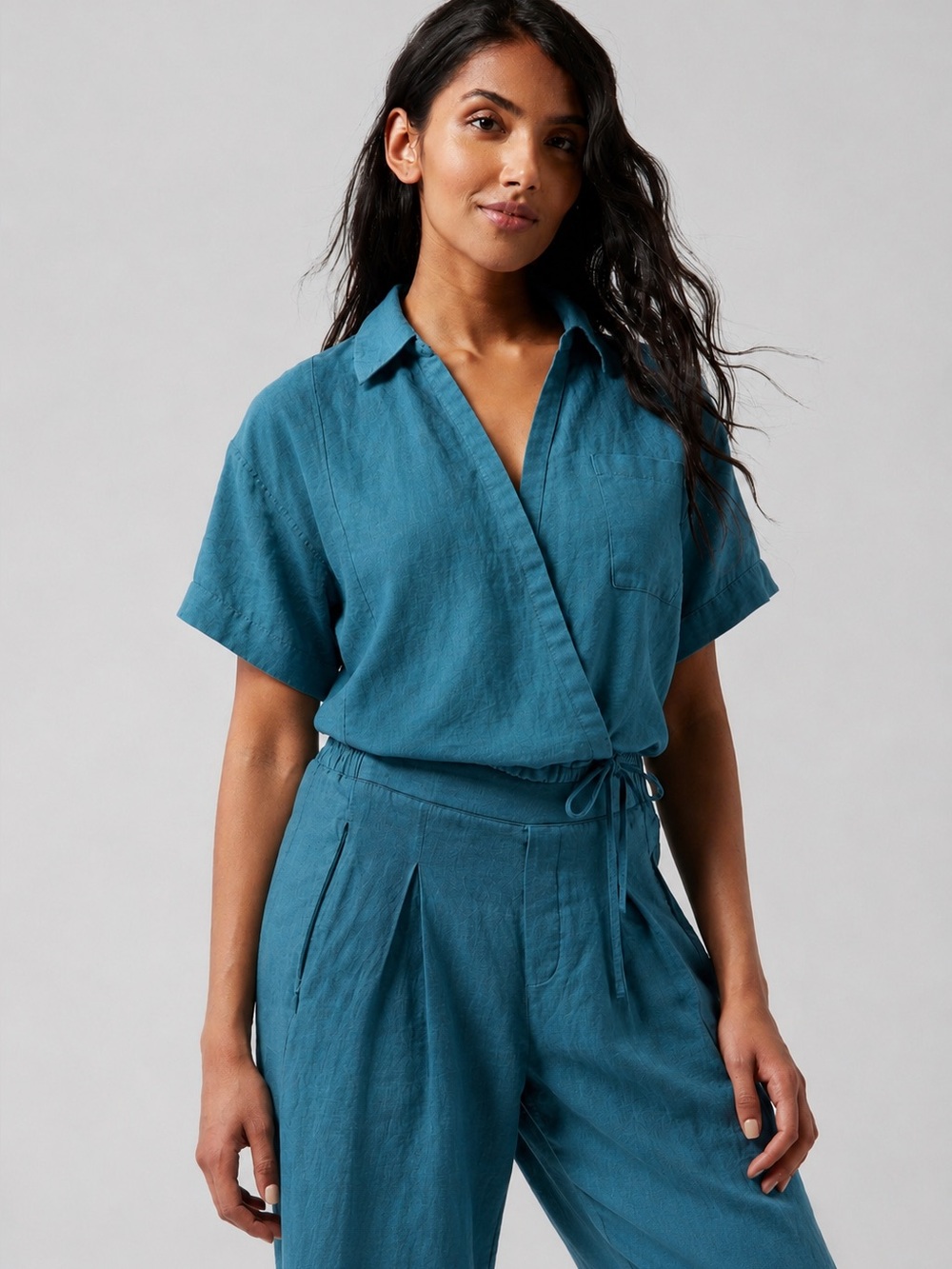 Athleta Playa Tie Top Women’s Large Teal Blue 100% Linen Cropped Shirt NWT